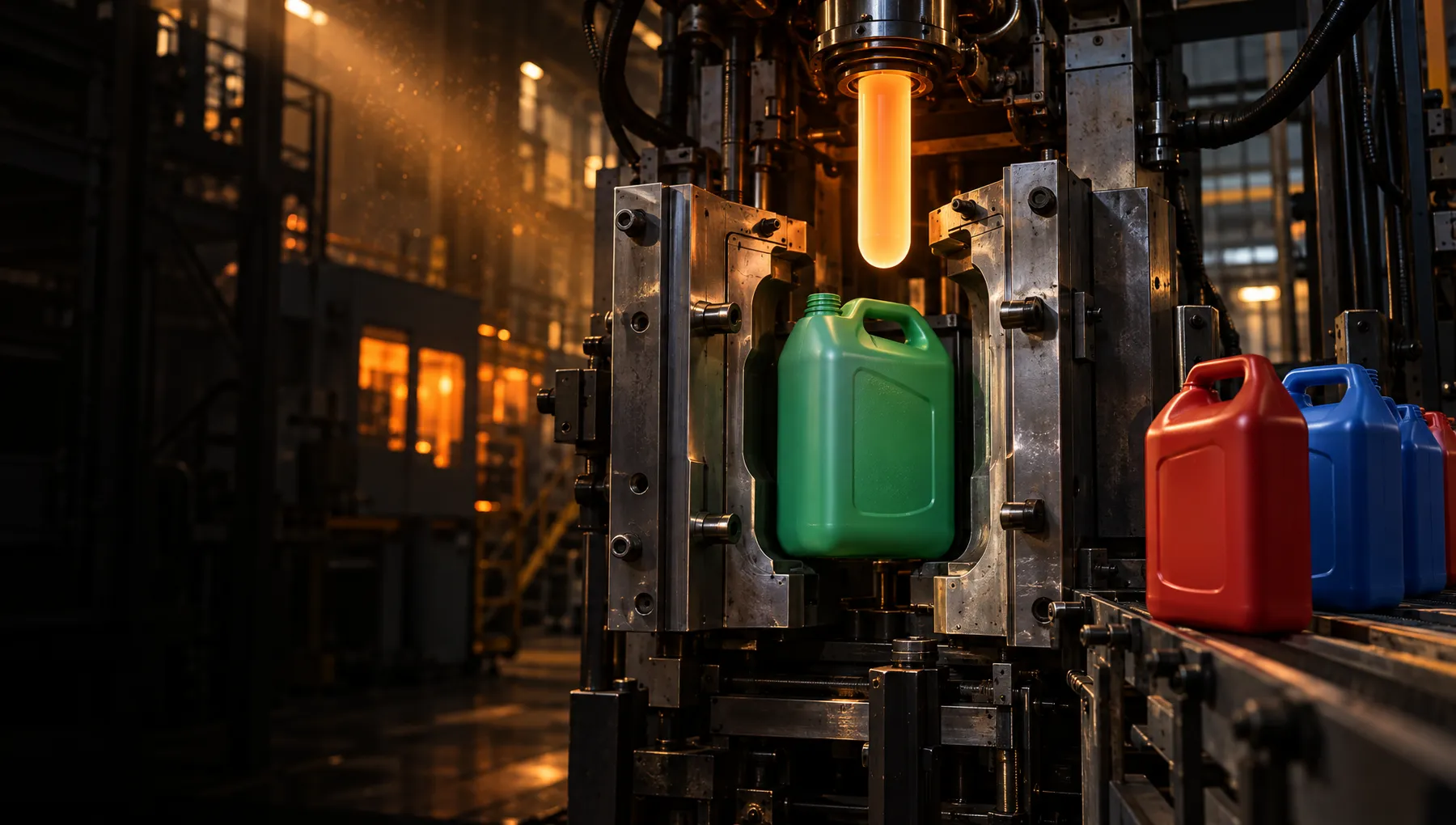 Extrusion blow mold opening to reveal a green HDPE jerrycan beside red and blue jugs