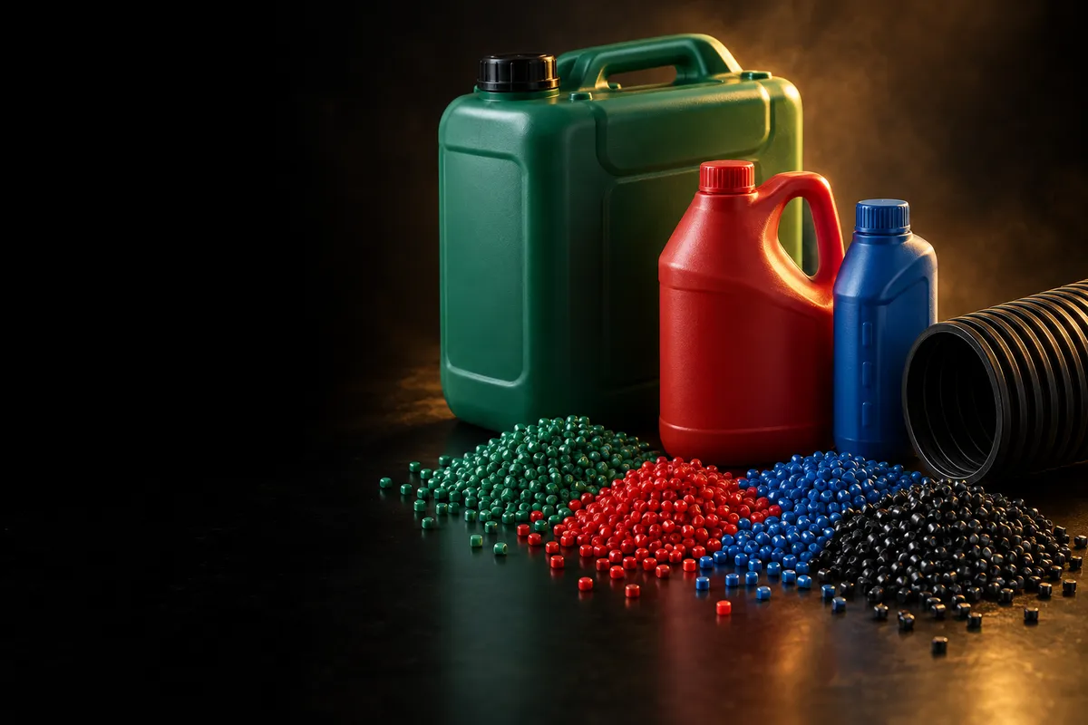 Blow-molded HDPE jerrycan, jugs and bottles with recycled HDPE pellets in green, red, blue and black